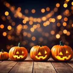 Fototapeta premium Halloween orange pumpkins on a wooden table. Generative AI.