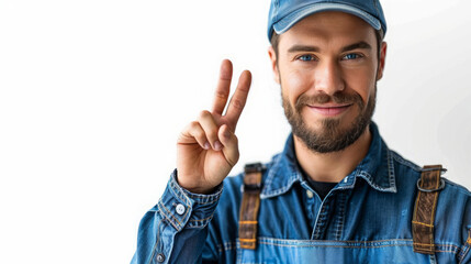 Naklejka premium Smiling man in denim making peace sign with blue cap
