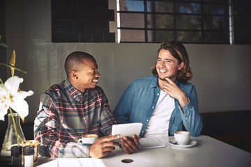 Men, tablet and client for planning in cafe, teamwork and remote work for startup company. People, collaboration and journalism in coffee shop, speaking and support on research for online article