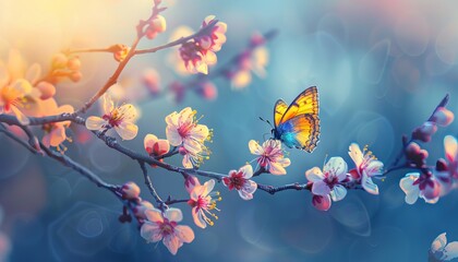 A delicate Butterfly perched on vibrant spring cherry blossoms, with a blissful blue bokeh background Captures the essence of spring and the fleeting beauty of nature
