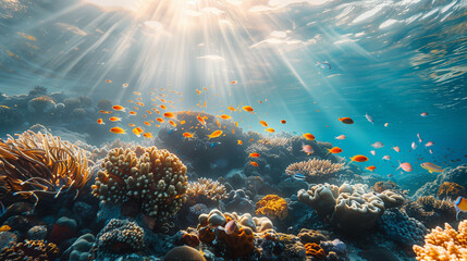 Obraz premium Underwater photography of a beautiful coral reef with a school of fish, sun rays shining through the water surface in the style of nature.
