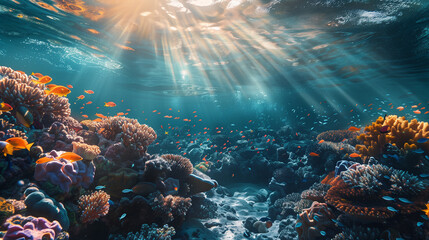 Underwater photography of a beautiful coral reef with a school of fish, sun rays shining through the water surface in the style of nature.