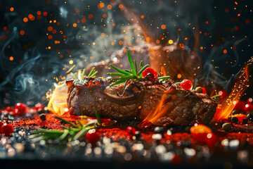 close-up of a juicy steak searing on a hot grill