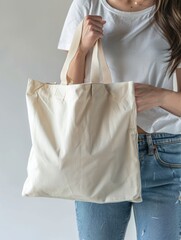GENERATIVE AI, Woman is holding bag canvas fabric for mockup blank template.