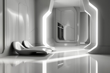 sleek, curved chaise lounge sits in a futuristic hallway