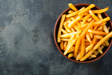 heaping bowl of golden French fries rests on a stark black background