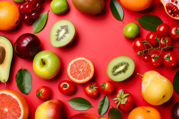 vibrant assortment of red fruits and vegetables fills the frame
