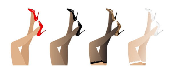 Beautiful sexy slender female legs in stockings and high-heeled shoes. Set of isolated vector illustrations