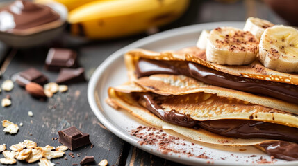 A plate of pancakes with chocolate sauce and bananas on top