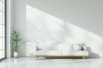 simple and clean living room space featuring a white couch positioned in front of a white wall