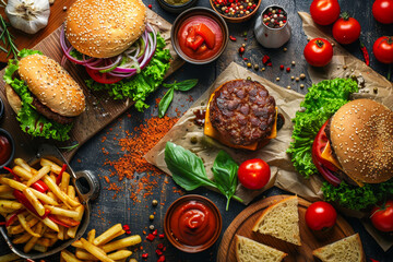 tempting spread of burgers and french fries is laid out on a wooden table high with ingredients