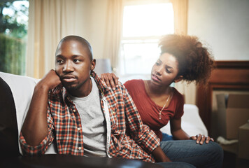 Home, fight and black couple with conflict, divorce and issue with disagreement, frustrated and...
