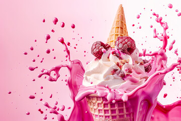 waffle cone filled with raspberry ice cream is being doused with bright pink liquid