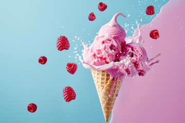 delicious raspberry ice cream cone rests on a colorful background
