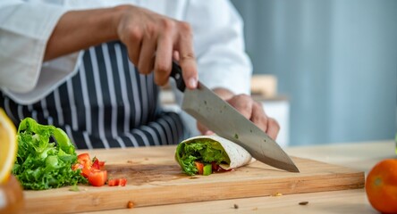 chef make tortilla wrap vegetable salad slice by knife on cutting board and mix sour salad dressing...