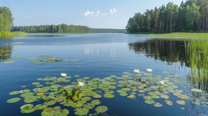   A tranquil body of water is dotted with lily pads, while a forest of tall grasses and trees borders it