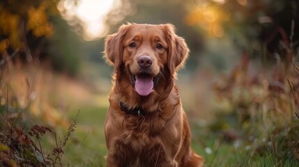   A tight shot of a dog in a lush grass field, surrounded by trees and bathed in sunlight, as sunbeams illuminate its face