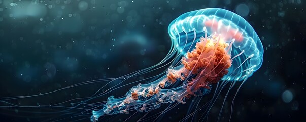 Bioluminescent Jellyfish Drifting in Eerie and Beautiful Deep Ocean Waters Ocean and Marine Life Concept with Copy Space - Powered by Adobe