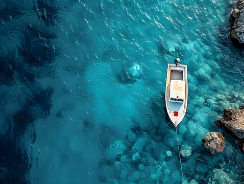 Aerial View of a Solitary Boat in a Serene Blue Ocean Landscape with Stunning Coastal Scenery and Pristine Clear Waters