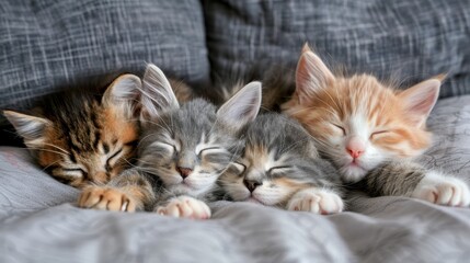   A couple of kittens resting on a bed, atop a comforter next to each other