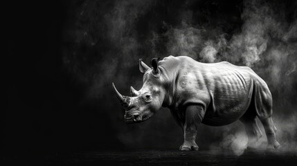   A monochrome image of a rhino with smoke rising from its back and face