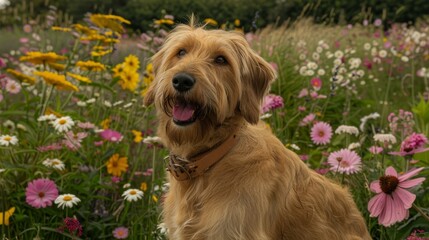   A tight shot of a dog among flowers in a blooming meadow The foreground displays a lush, green grassy expanse Behind, trees line the horizon