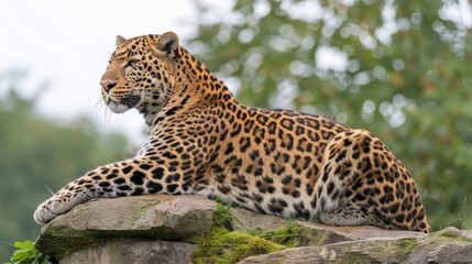   A large leopard rests atop a rock, overlooking a lush, green forest teeming with leafy trees