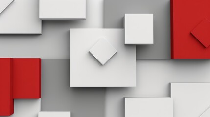   A collection of white and red squares and rectangles against a gray and white backdrop, featuring a central red rectangle
