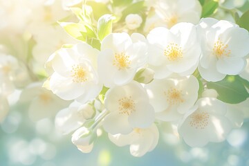 Closeup of white apple blooming blossom flowers on tree in springtime, with soft bokeh