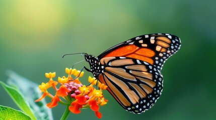   A tight shot of a butterfly perched on an orange-yellow flowered plant against a softly blurred backdrop