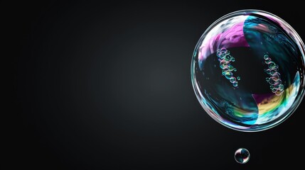   A soap bubble hovering in mid-air, sporting a rainbow spiral within its core, and adorned with smaller bubbles at its base