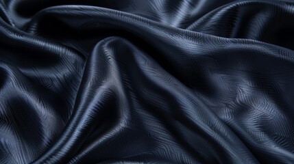   A tight shot of dark blue fabric, displaying a wavy design at the top and bottom edges, subtly patterned lower region