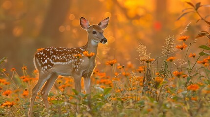   A young deer amidst a field of wildflowers, sunlight filtering through the tree-studded backdrop