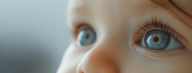 Cute baby eyes close up. Adorable child smiling 