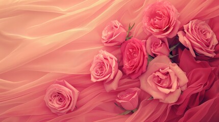   A pink rose bouquet atop a pink ruffled bedspread