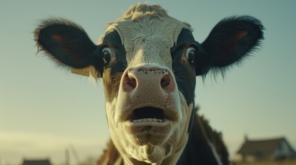   A tight shot of a black-and-white cow gazing directly at the camera In the backdrop, a distant house is visible - Powered by Adobe