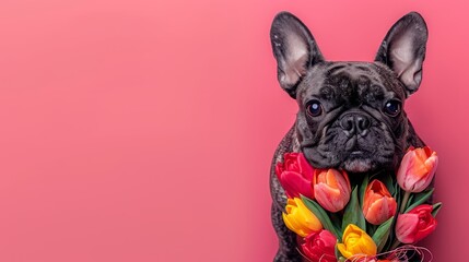   A dog facing a bouquet of tulips against a bright pink backdrop