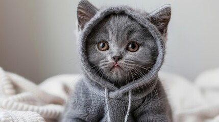   A gray feline atop white bedspread, donning a matching gray hoodie, against a white wall backdrop