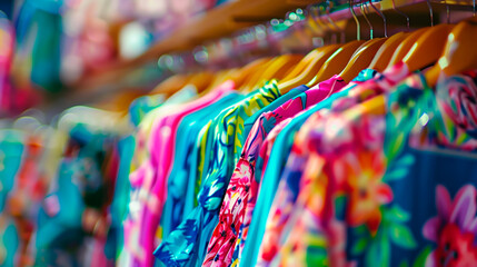 Vibrant tropical shirts on display, shallow depth of field, fashion retail concept.