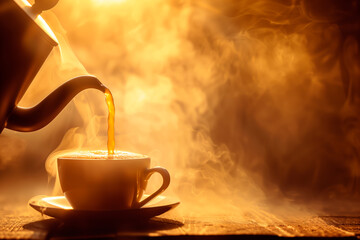 Pouring hot coffee into a cup, steam rising in warm golden light, cozy atmosphere
