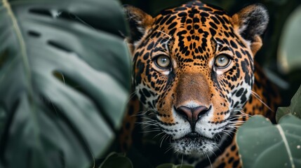   A tight shot of a leopard's face hidden among large, green leaves