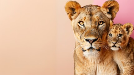   Two lions positioned side by side atop a pink backdrop, with a pink wall behind them