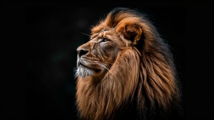   A tight shot of a lion's face against a black backdrop, its head slightly blurred
