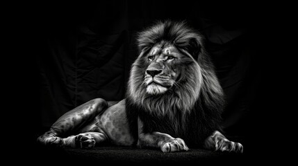  lion seated on black backdrop, head turned sideways, eyes shut