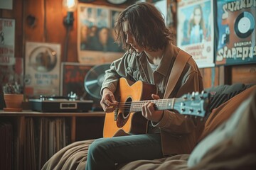 Musician playing guitar in a retro room