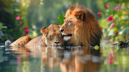   Two lions seated side by side atop a tranquil body of water Behind them, an array of vibrant...