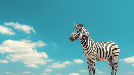   A zebra stands in a field against a backdrop of a blue sky dotted with white clouds