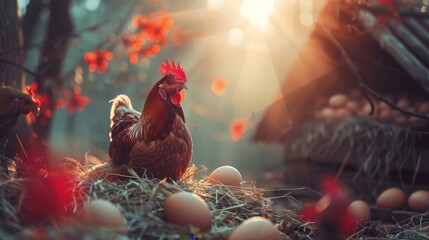   A group of chickens atop a haystack, beside an egg atop another haystack - Powered by Adobe
