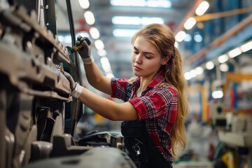 Female mechanic using wrench on vehicle engine