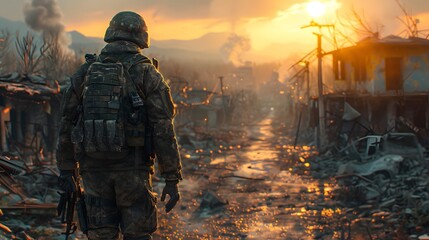 Soldier walking in a city in ruins destroyed by war. Army, military, forces armed and global destruction concept - obrazy, fototapety, plakaty